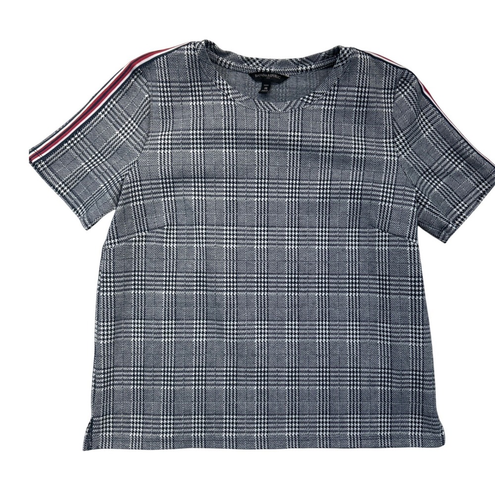 Banana Republic Top Womens MP Grey Glen Plaid Racing Stripe Short Sleeve Knit